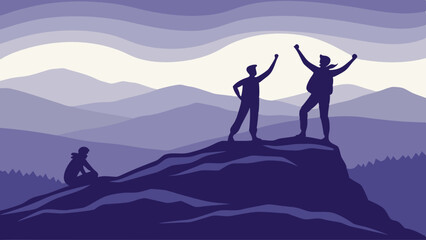 Business Team Reaching Mountain Peak Celebrating Success and Overcoming Challenges Goal Achievement Leadership Journey Illustration