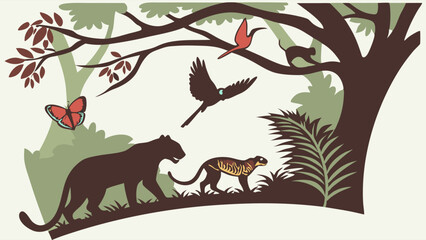 Naklejka premium Vibrant Tropical Jungle Animals Illustration Featuring Black Panther Monkey Toucan and Butterfly for Nature Education and Conservation