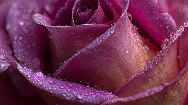 Close-up of a deep pink rose with water droplets on its petals.