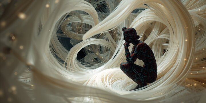 Contemplative humanoid figure meditating amidst intricate swirling light fibers and ethereal glowing particles, symbolizing deep thought and connection.