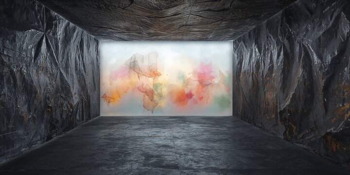 Empty industrial room with dramatically textured dark walls, contrasting sharply with a brightly illuminated abstract painting featuring vibrant pastel hues on the back wall.