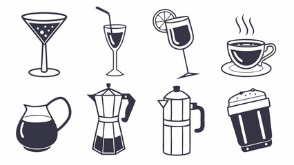 Black and White Outline Drinks and Coffee Makers Vector Icons for Cafe Restaurant Bar Menu Design Beverage Industry Refreshment Illustration