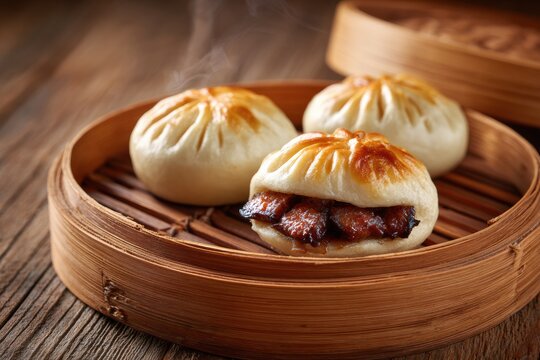 Steamed Chinese bao buns filled with savory pork meat and crispy bacon served in a traditional bamboo steamer on a wooden surface