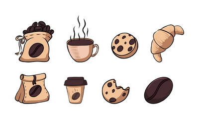 Sticker, drawing of coffee, pastries, bags of coffee