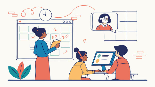 Manager Leading Diverse Team on Project Planning and Scheduling. Online Training and Hybrid Work Collaboration in Modern Office.