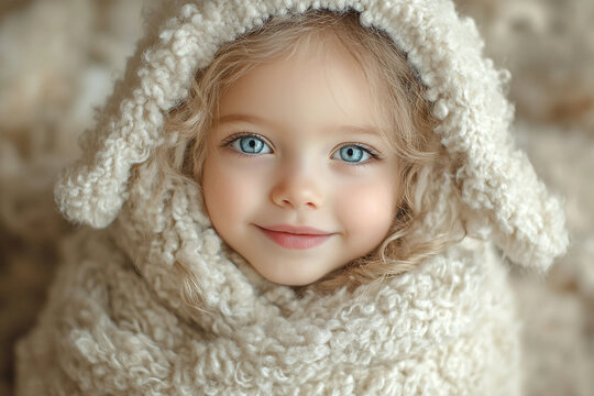 Adorable child dressed in fluffy cozy sheep-inspired costume smiling outdoors created with generative ai