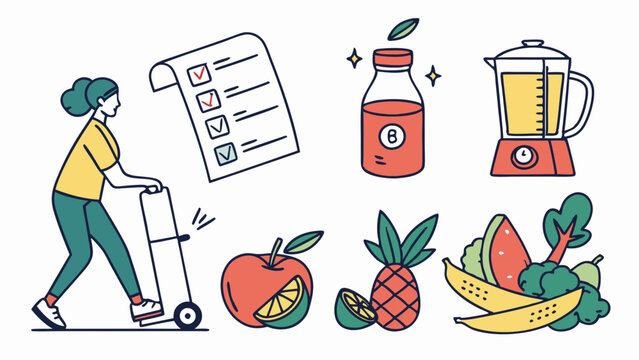 Active Woman with Healthy Grocery Checklist Fresh Fruits Vegetables Blender and Smoothie Juice Prep for Wellness Diet