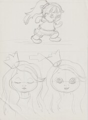 Sweet pencil sketches of girls in a simple, childish style. Minimalist hand-drawn outlines perfect for coloring, painting, or storybook-themed art projects for kids.