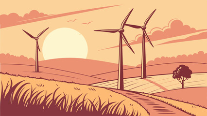 Eco-Friendly Wind Turbines Generating Clean Renewable Energy at Sunset in Rural Landscape Sustainable Power Future Illustration