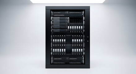 Modern server rack filled with data storage equipment in a clean, illuminated room.