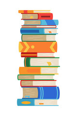 High book stacks or pile. Library textbooks and school literature heaps, dictionaries. Bookstore advertise. Cartoon stacked books angle view with different colorful covers isolated on white