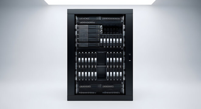Modern server rack filled with data storage equipment in a clean, illuminated room.