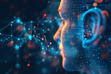 Generative AI concept image of sound waves acoustic signals flowing through digital wireframe portrait of woman man