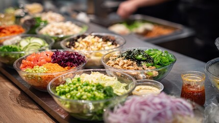 Obraz premium Fresh Ingredients in a Colorful Bowl Assembly Line for Meal Prep