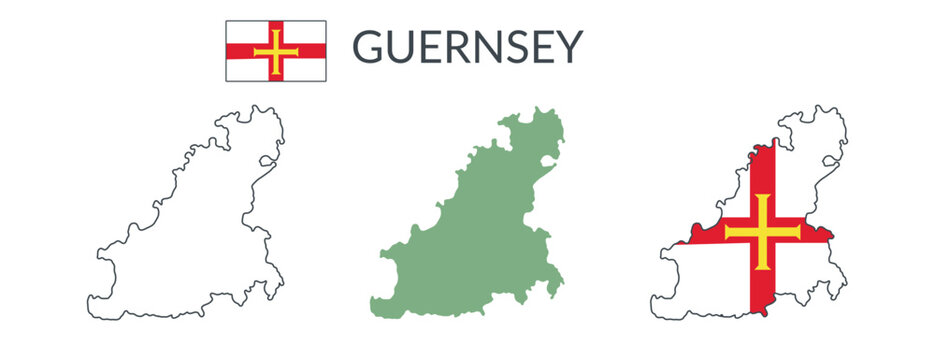 Guernsey geographical borders isolated on white background. Flag of Guernsey. Vector flat cliparts.