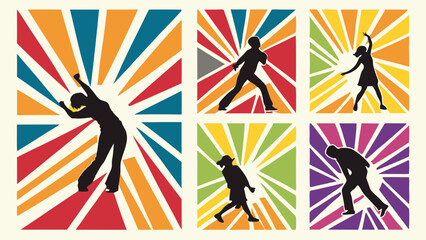Energetic Silhouettes Dancing in Vibrant Sunbursts for Dance Fitness Class Promotion Event Marketing and Creative Arts
