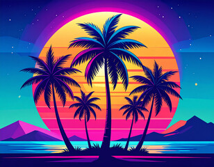 Obraz premium Synthwave Palm Silhouette — Neon Sunset Beach Illustration