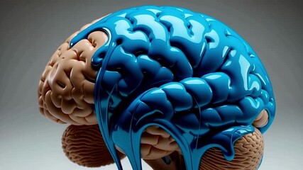 A 3d model of a human brain with a glossy blue substance covering the frontal lobe area - Powered by Adobe
