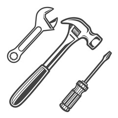A collection of classic hand tools including a wrench hammer and screwdriver presented in a clean graphic illustration style on a white background