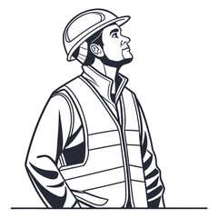 A construction worker wearing a hard hat and safety vest looking up with determination and hope for the future of his project