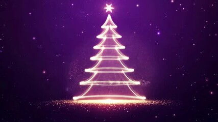 A magical and festive motion graphic of a shimmering light trail forming a glowing Christmas tree silhouette, sparkling against a dark, cosmic purple background with particles - Powered by Adobe