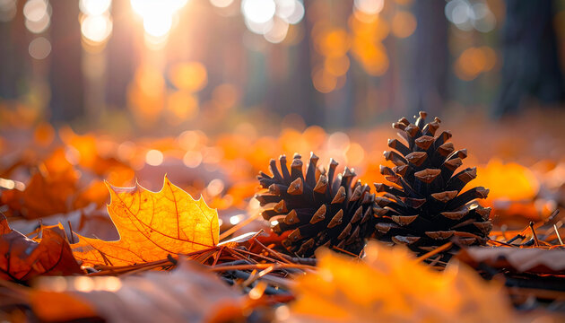 Pine cones and vibrant orange leaves on forest floor, blurred trees in background, autumn tones