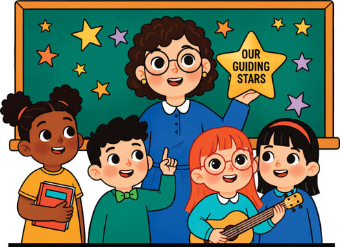 World teachers' day, A female young teacher in casual clothes at blackboard with a placard saying, Our Guiding Stars, with students, isolated vector illustration