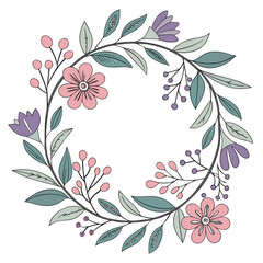 Delicate hand drawn floral wreath with pink flowers purple blossoms and green leaves on white background