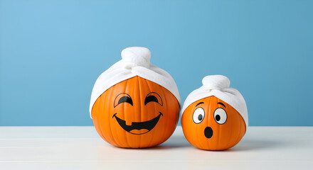 Two cute and funny Halloween pumpkins with hand-drawn expressive faces and white head wraps, sitting on a white table against a blue background.