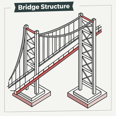 Detailed isometric illustration of a suspension bridge structure showcasing its main components and engineering design for educational purposes