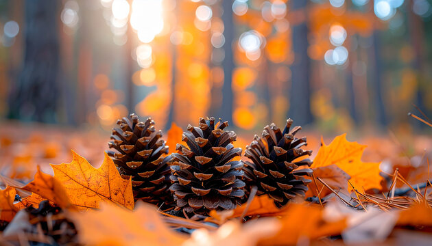 Pine cones and vibrant orange leaves on forest floor, blurred trees in background, autumn tones