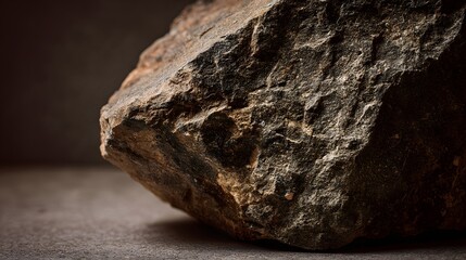 Rough textured boulder rests on a textured surface.
