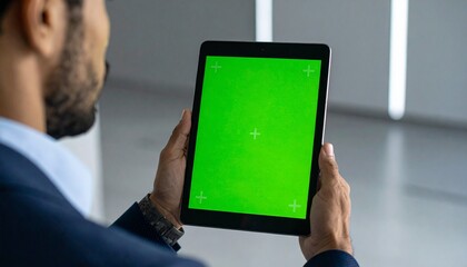 A man in a suit holds a tablet with a green screen display, viewed from behind.