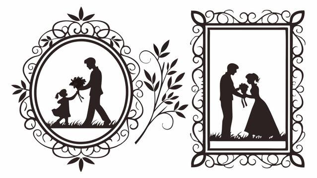 Elegant Wedding Couple and Father Daughter Silhouettes in Ornate Frames for Love Family Celebration Invitations Greeting Cards