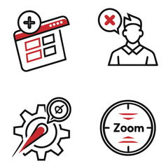 Set of four simple icons representing calendar rejection settings and zoom functionality in a clean modern design with red and black accents