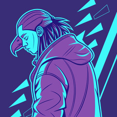 Stylized illustration of a person with a bird s beak and a hoodie depicted in vibrant purple and cyan colors against a dark purple background with abstract geometric shapes