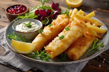 Delicious fish and chips platter with fresh lemon wedge crispy battered fish golden French fries creamy tartar sauce garnished with greens and herbs on rustic wooden table
