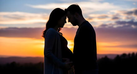 Loving couple silhouetted against a vibrant sunset, anticipating new life