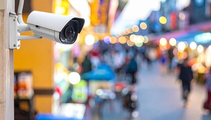 A white security camera mounted on a wall, overlooking a busy outdoor market with blurred people and bokeh lights.