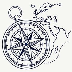 Vintage compass and abstract map outline of europe and africa symbolizing travel and exploration © Bf