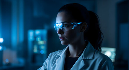 Focused scientist wearing futuristic goggles in a dimly lit laboratory