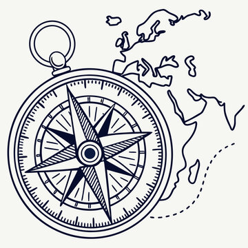 Vintage compass and abstract map outline of europe and africa symbolizing travel and exploration