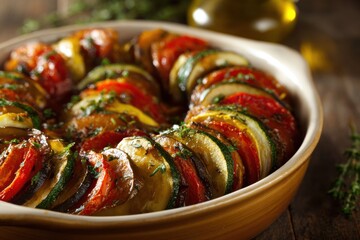 Delicious colorful vegetable ratatouille dish with layered sliced zucchini eggplant red and yellow bell peppers herbs cooked in a ceramic bowl on rustic wooden table