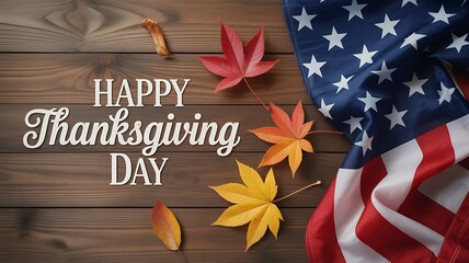 Happy thanksgiving day greeting with american flag and autumn leaves on wooden background

