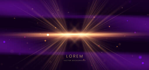 Abstract glowing gold lighting ray on dark purple  background with lighting effect and sparkle with copy space for text.