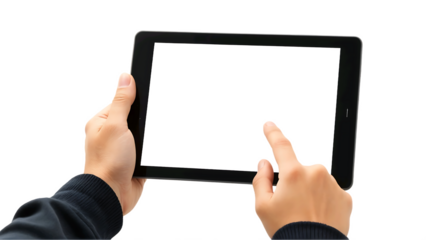 Person holding a tablet computer and touching the screen with a finger