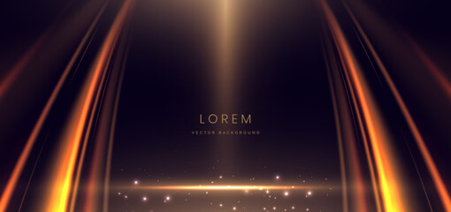 Elegant scene gold glowing lighting effect sparkle with curve ray gold on black background.