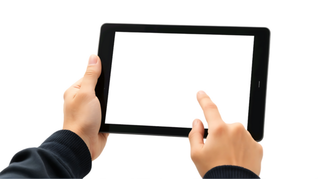 Person holding a tablet computer and touching the screen with a finger