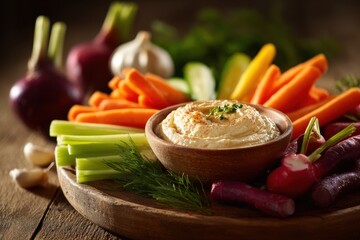 Fresh colorful vegetable platter with creamy hummus dip featu carrots, celery, radishes, garlic, herbs, and leafy greens on rustic wooden table
