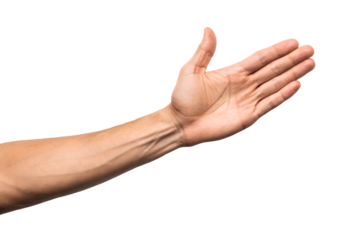 A human arm and open hand extend forward, palm facing up, in a gesture of presentation or receiving, transparent background png isolated.